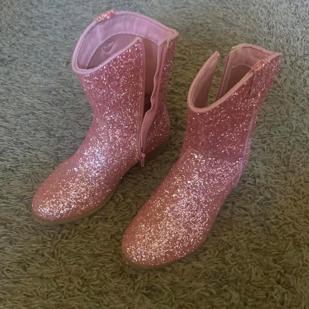 🆕Girls Pink Glitter Manmade Glitter Cowgirl Mid Calf Cowboy Western Boots